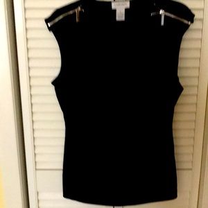 Navy top zipper shoulders drop pleated front